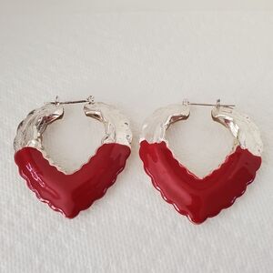 CREOLE HEART HOOP Earrings Vintage Double Sided Silver Red 3D Puff Gypsy Bamboo